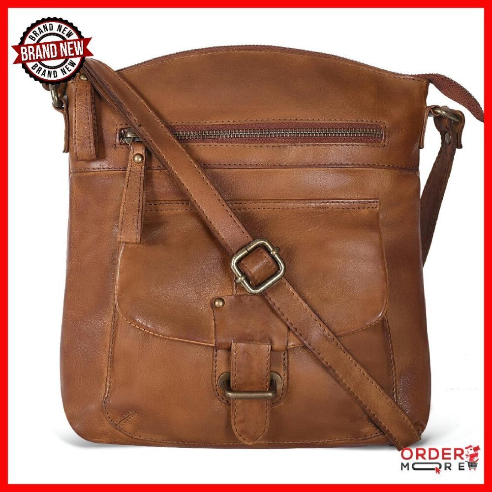 Genuine Leather Crossbody Bag with Adjustable Strap & Multiple Pockets